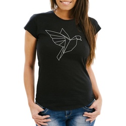 MoonWorks Print-Shirt Damen T-Shirt Polygon Origami Vogel Bird Slim Fit Moonworks® mit Print schwarz XS