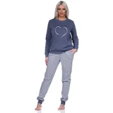 Normann Pyjama Normann Damen Frottee langarm Schlafanzug mit Bündchen - Herzmotiv blau 44-46