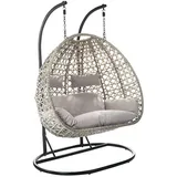 Kobolo Hängekorb Hängesessel Polyrattan für Zwei Personen inkl Gestell und Kissen Beige Innenbereich geschützter Außenbereich