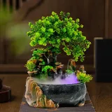 TESUGN Zimmerbrunnen mit LED-Beleuchtung, Desktop Bonsai Ornamente Grüne Pflanze Zimmerbrunnen, Tischbrunnen Wasserfall mit Nebel, Feng Shui Wasserfall Luftbefeuchter für Wohnzimmer Schlafzimmer Büro