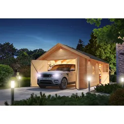 Garage KARIBU "Blockhausgarage", beige (naturbelassen), Holz, Garagen, BxT: 435x572 cm, 193 cm Einfahrtshöhe, 38 mm Wandstärke