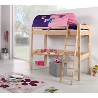 Natur24 Kinderbett Hochbett Renate Buche Massiv Natur lackiert mit Schreibtisch und Textilset braun