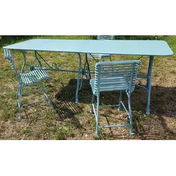 Casa Padrino Jugendstil Schmiedeeisen Garten Möbel Set Hellblau - 1 Jugendstil Garten Esstisch & 6 Jugendstil Garten Stühle - Barock & Jugendstil Gastronomie & Garten Möbel