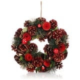 COM-FOUR® Türkranz Weihnachten - Adventskranz mit roten Blumen und Fliegenpilzen - Deko- und Tischkranz für Herbst und Weihnachten - liebevolle Handarbeit (Adventskranz rote Blume - L)