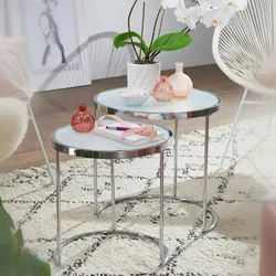 Kadima Design 2tlg Runder Glas Couchtisch Set, modernes Design mit Stauraum, platzsparend. 50x50x50 cm
