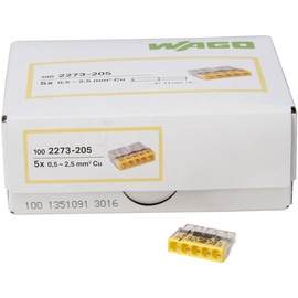 Kopp 33346423 Wago Compact-Verbindungsdosenklemme 5-Leiter-Klemme 0, 5 - 2, 5 mm2 Inhalt 100 Stück, Transparent/gelb