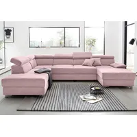 Wohnlandschaft DOMO COLLECTION "Mira U-Form" Sofas Gr. B/H/T: 337cm x 78cm x 230cm, Luxus-Microfaser, Recamiere rechts, mit Kopfteilverstellung, rosa (flamingo) wahlweise mit Bettfunktion und Bettkasten