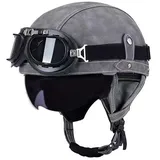 Vintage Deutsch Leder Motorrad Halbhelm, ECE-geprüft Männer Frauen Halbschalenhelme mit Schutzbrille und Visier, Retro Offener Schutzhelm für Fahrrad Cruiser Scooter Chopper