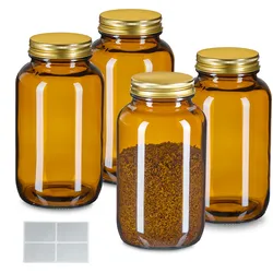 Relaxdays Braungläser, 4er Set, 400 ml, mit Deckel & Etiketten, Kräutergläser Medizin, Gewürze, Vorratsdosen, braun/gold