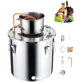 Vevor Alkoholdestillieranlage 30 L Edelstahl Wasseralkoholdestillieranlage mit Kupferspule, Heimbrau-Raffinations-Gärungsset mit Thermometer, für Wein Whisky Brandy Silber