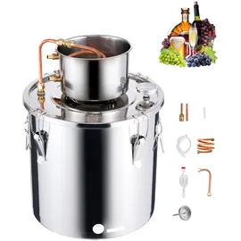 Vevor Alkoholdestillieranlage 30 L Edelstahl Wasseralkoholdestillieranlage mit Kupferspule, Heimbrau-Raffinations-Gärungsset mit Thermometer, für Wein Whisky Brandy Silber