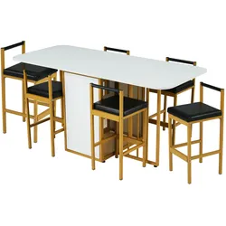 Merax Essgruppe, (Set mit Esstisch, 6 Stühlen), Klappbarer Esstisch, Multifunktionaler Esstisch, Esszimmerstühle, Weiß & Gold