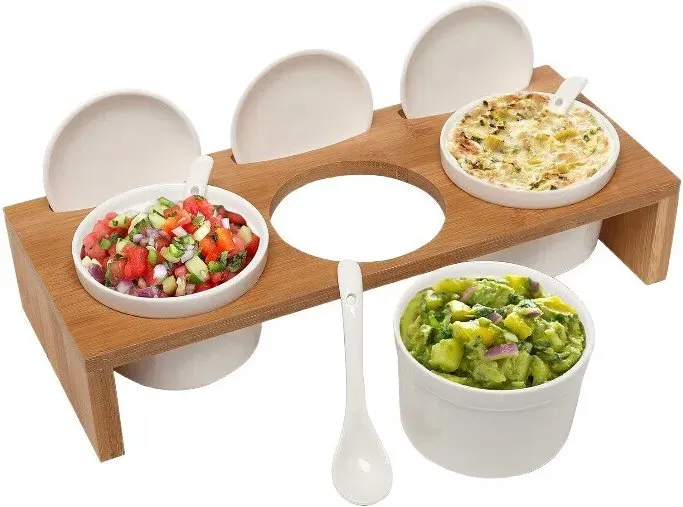 MyGift 10-teiliges Gewürztopf-Set mit Premium-Sockel aus massivem Bambusholz, inklusive 3 Keramik-Dip-Schalen mit Deckeln und Löffeln