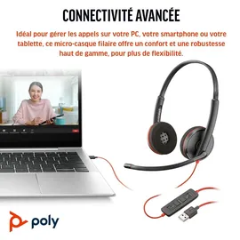 Poly Blackwire 3220 Schwarz Kabelgebundenes Stereo-Headset, USB-C/A, unterstützt Poly Lens