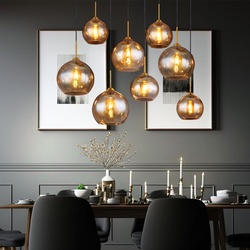 Hängelampe Wohnzimmer Pendelleuchte Esstischlampe 3 flammig, messing Glas amber 8x E27, LxH 106×150