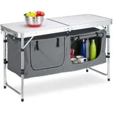 Relaxdays Campingtisch klappbar, höhenverstellbar, stabil, Campingschrank, Aluminium & MDF, BxT 120 x 47 cm, Silber/weiß