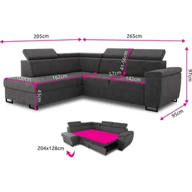 Sofnet Ecksofa Natan mit Schlaffunktion und einstellbare Kopfstützen - Wohnlandschaft mit Metallfüßen, Couchgarnitur, Bettkasten, Sofa (Ecksofa Links, Dunkelgrau