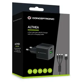 Conceptronic 2-Port 33W GaN USB-PD-Ladegerät mit 3-in-1-Ladekabel, USB-C x 1, USB-A x 1, QC 3.0, PPS
