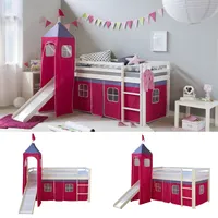 Hochbett 90x200 Rutsche Kinder Weiß Bett Stockbett Vorhang Turm Pink Homestyle4u