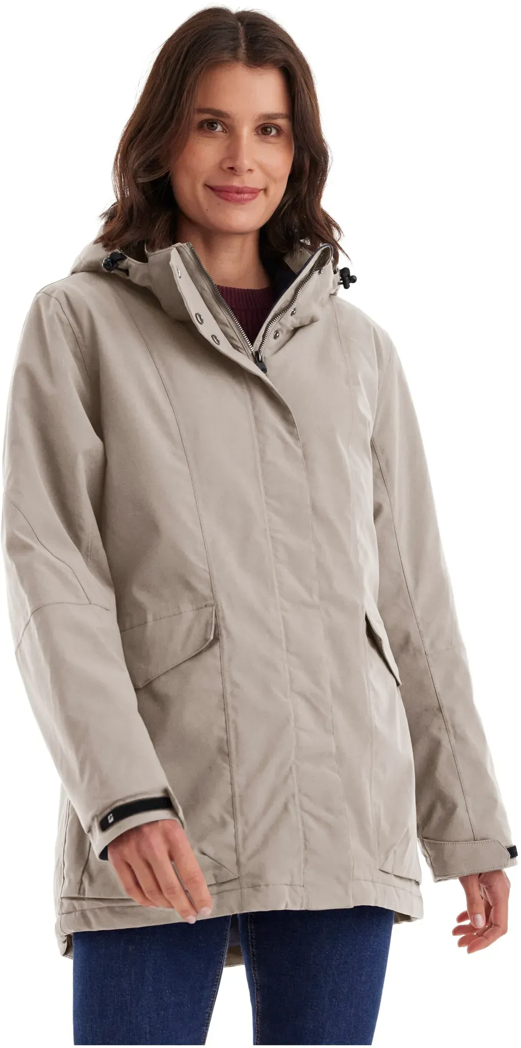 Funktionsjacke KILLTEC "Damen Jacke", Damen, Gr. 44, beige (hellbeige), Oberstoff: 100% Polyester, Futter 1: 100% Polyester/ Futter 2:/ Futter 3:/ Futter 4:, Wattierung: 100% Polyester, sportlich, Jacken, Wasserdichte, atmungsaktive Damenjacke mit abnehmbarer Kapuze