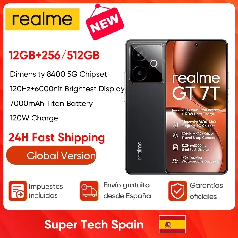 Neues Realme GT 7T 5G Smartphone 50MP IMX896 OIS Kamera Abmessung 8400-MAX Chipsatz 6,78 Zoll AMOLED 120Hz 7000mAh 120W Aufladen