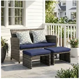 Sunsitt Gartenbank Outdoor Loveseat (3-tlg Terrassenmöbel-Set, Allwetter Rattan Gartenbank mit 2 Hocker), Grau Rattan&Grau Kissen blau