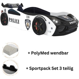 Aileenstore Autobett "Police" + Sportsitze Spielbett für Kinder 90x200 inkl. Lattenrost und PolyMEd12 Kindermatratze