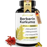 Berberin Kurkuma Komplex - 180 Berberin Kapseln hochdosiert - 11 Inhaltsstoffe - Berberin 500mg Kurkuma Cholin L-Carnitin Piperin Chrom Zink B-Vitamine & Vitamin C - 2 Kapseln/Tag - plantomol®