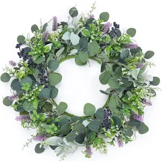 Dremisland Eukalyptus Türkranz die Haustür 55cm Künstliche Türkranz mit Lavendel Blumenkranz Faux Grün Blätter Eukalyptus Girlande Dekorativer Tischkranz Wandkranz Für Haustür Fenster Feier Dekor