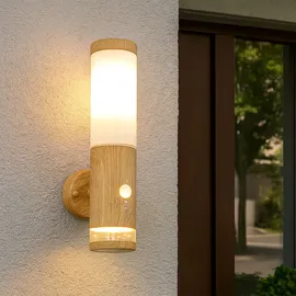 GLOBO Aussenleuchte Außenlampe Bewegungsmelder Edelstahl mit Bewegungsmelder Wandlampe Aussen Edelstahl, Holz Optik mit Deko Led, 1x E27, Bxh 8,5 x 35 cm