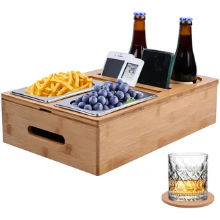 Dreamhigh® Couchbar Snackbox, Couch Bar mit 2 Edelstahl Snackschalen, 2 Untersetzer, Sofa Organizer und Flaschenhalter, Sofatablett Sofa Snackspender aus Premium Holz für Wohnzimmer Sofa, Party