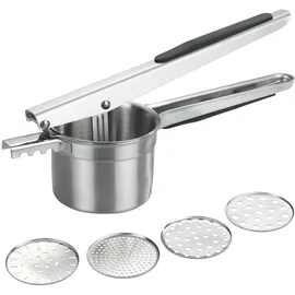 Wenko Multi-Presse XL aus Edelstahl, große Kartoffelpresse und Küchenpresse mit 4 Einsätzen, 330 ml Volumen, rutschfeste Silikon-Griffe, spülmaschinengeeignet