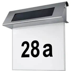 Melitec Solar-Hausnummer SH01 moderne LED-beleuchtete Hausnummer für außen, wasserdicht, aus Edelstahl, kabellose Solar-Hausnummernleuchte | Weiß/Silber