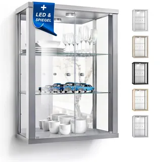 K-Möbel Wandvitrine (80x60x25cm) - Made in Germany - Glasvitrine hängend mit 2 höhenverstellbaren Glasböden aus ESG, Spiegel & LED in Silber/Alu - Schrank mit Glastüren - Hängevitrine