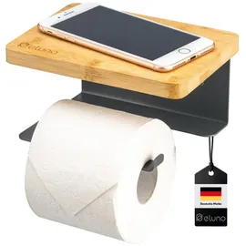 ELUNO Toilettenpapierhalter VARAZ mit Ablage aus Bambus, Selbstklebender, Toiletpaper Holder, WC-Rollenhalter mit hochwertigem Klebeband zum Kleben oder zum Bohren, aus Metall (Grau)