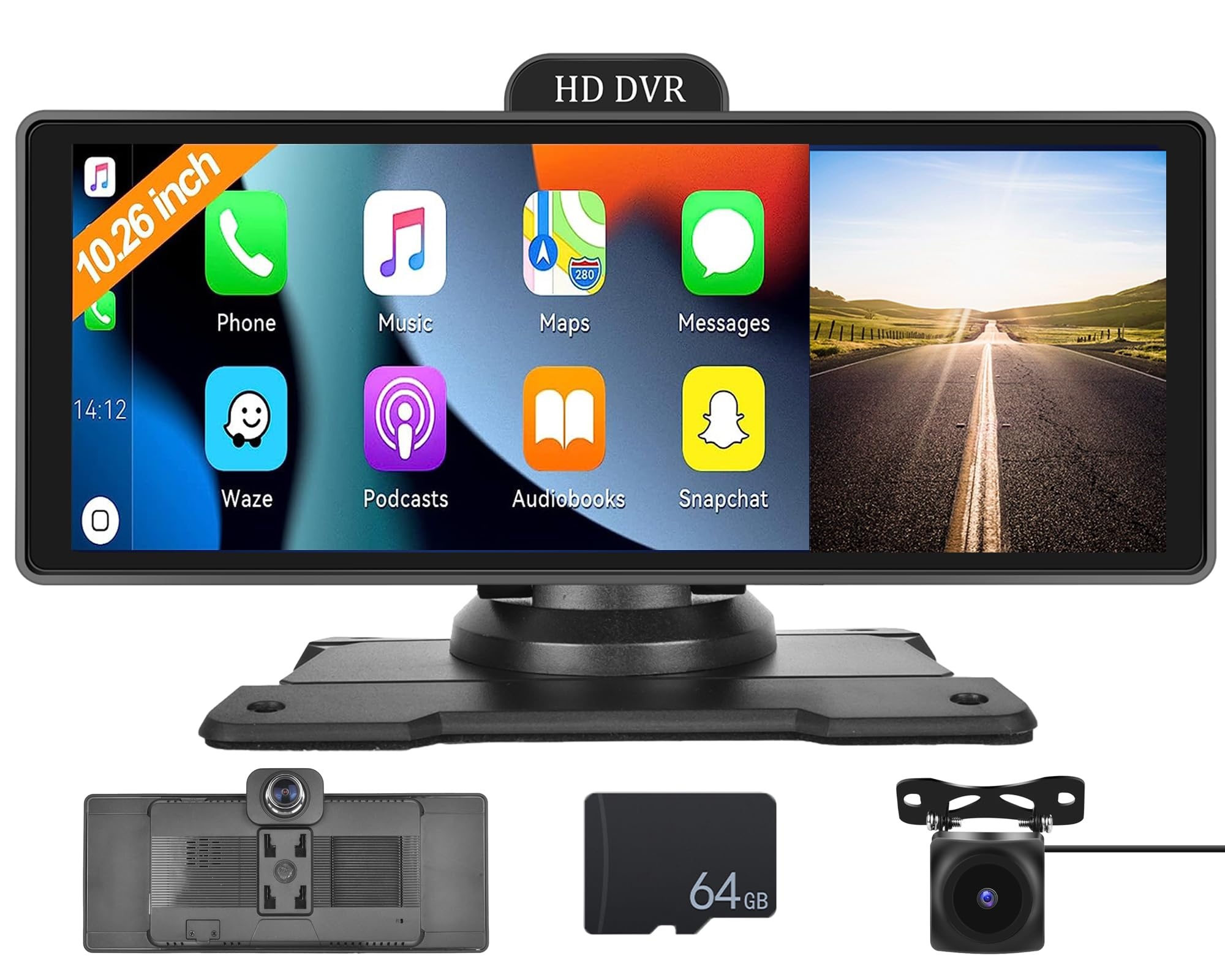 CAMECHO Wireless Apple Carplay für Car mit Dash Cam, 10.26“ Tragbare IPS Screen Multimedia Player mit Frontkamera/Bluetooth/FM/Backup Camera/Loop Recording/ADAS/Mirror Link/AUX+64G-Karte
