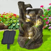 Solar Gartenbrunnen Brunnen Zierbrunnen Zimmerbrunnen Springbrunnen Brunnen mit LED-Licht und Li-Ion-Akku Wasserfall Wasserspiel (Solar Gartenbrunnen BAUMWURZEL & Stein-Kaskade mit LED-Licht)