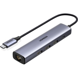 Ugreen Gigabit Ethernet Adapter Hub mit USB PD (USB C), Dockingstation + USB Hub, Grau