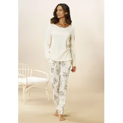 Pyjama VIVANCE DREAMS, Damen, Gr. 40/42, beige, Single Jersey, Obermaterial: 100% Baumwolle, geblümt, Basic, bequem lang, Rundhals, Langarm Rippbündchen, Homewear-Sets, mit Hortensien Muster