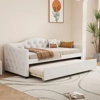 Dormeuse, Chaiselongue 90x200 cm mit Ausziehbett, Schlafsofa, Einzelbett (ohne Matratze), Leinen, minimalistischer Stil, Beige