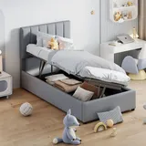 Flieks Polsterbett 90x200cm mit Lattenrost, Stauraumbett Boxspringbett mit Stauraum, Hydraulisches Jugendbett Kinderbett Einzelbett, Leinen, Grau - Grau