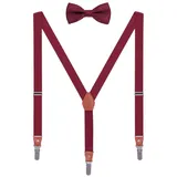 WANYING Unisex Hosenträger Fliege Set für Herren Damen 3 Starken Langen Clips Y-Form Elastische Hosenträger für Körpergröße 140-185cm - Bordeaux Rot - für Erwachsener Körpergröße 140-185cm