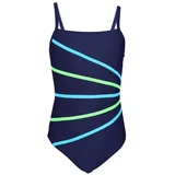 Aquarti Mädchen Badeanzug mit Spaghettiträgern Streifen – Sport Badeanzug Mädchen, Chlorresistent, Farbe: Dunkelblau/Streifen Neongrün Hellblau, Größe: 146 - 146