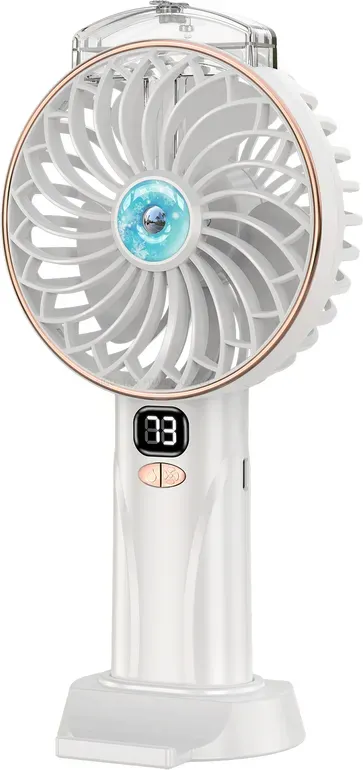 Aigostar Wiederaufladbarer Nebelventilator – Leise Kühlung mit erfrischendem Nebel, leistungsstarke persönliche Kühlung mit zwei Nebelmodi, LED-Batterieanzeige, einstellbare Geschwindigkeiten, Weiß & Gold