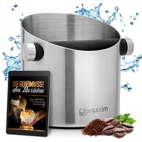 praxxim Abklopfbehälter für Siebträger >> mit EBOOK für KAFFEE-Spezialitäten << Espresso Abschlagbox Optimal für 1-2 Espresso Genießer im Haushalt - Kaffeesatz Abschlagbehälter aus Edelstahl
