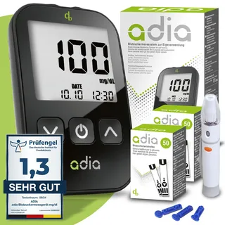 diabetikerbedarf adia Blutzuckermessgerät mg/dl mit 110 Teststreifen, 10 Lanzetten, 1 Stechhilfe, 1 Etui