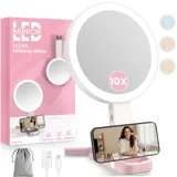 FZIFZI Kosmetikspiegel mit Beleuchtung, Doppelseitiger 10X/1X Vergrößerungsspiegel, Dimmbar-Schminkspiegel mit 3 Farbigen Lichtern, Faltbar Reise Kosmetik für Schminken Makeup Rasieren