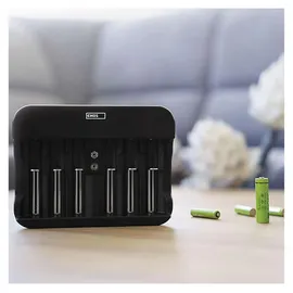 EMOS Akku-Ladegerät NiMH, NiCd für 6 Akkus, Schnell-Ladegerät 500 mA, für 1-6x AAA, AA, C, D, 9 V aufladbare Batterien, inkl. USB-C Kabel, Akkuschutz, Sicherheitsfunktionen