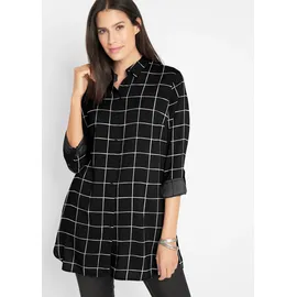 bonprix Karierte Longbluse mit Taschen Schwarz 48