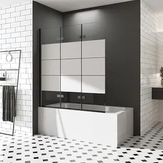 Duschwand für Badewannen 140 x 140 cm 3 teilig Schwarz Milchglas Streife faltbar Dekor Querstreifen Duschabtrennung Sicherheitsglas hell Faltwand Duschwand Nano Glas